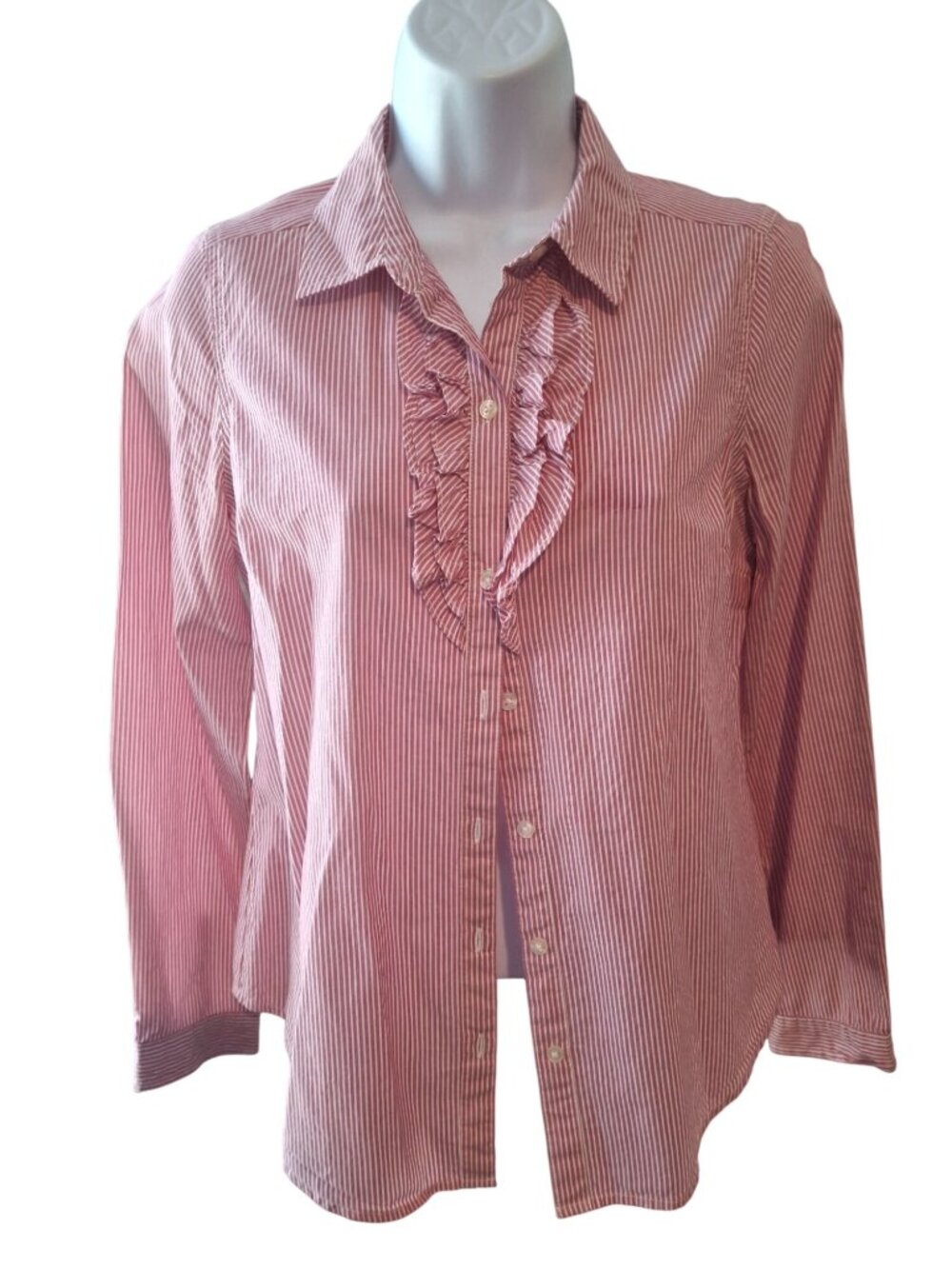 Old Navy Womens S Red White Stripe Ruffle Button Down Blouse Coastal Preppy